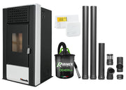 Pachet complet pentru incalzire Semineu (Soba) pe Peleti cu aer cald Fornello Magnesia 9 KW, culoare White, termostat ambiental, aspirator de cenusa si kit de evacuare 2,5 metri