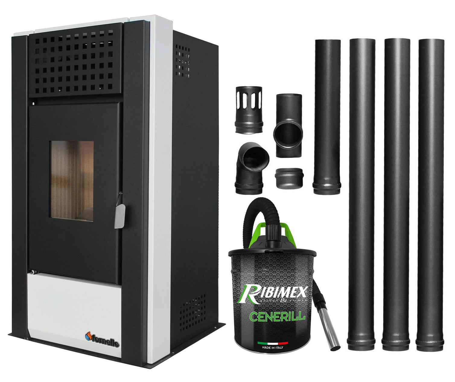 Pachet pentru incalzire Semineu (Soba) pe Peleti cu aer cald Fornello Magnesia 9 KW, culoare White, aspirator de cenusa si kit de evacuare 3,5 metri