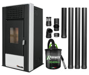 Pachet pentru incalzire Semineu (Soba) pe Peleti cu aer cald Fornello Magnesia 9 KW, culoare White, aspirator de cenusa si kit de evacuare 3,5 metri