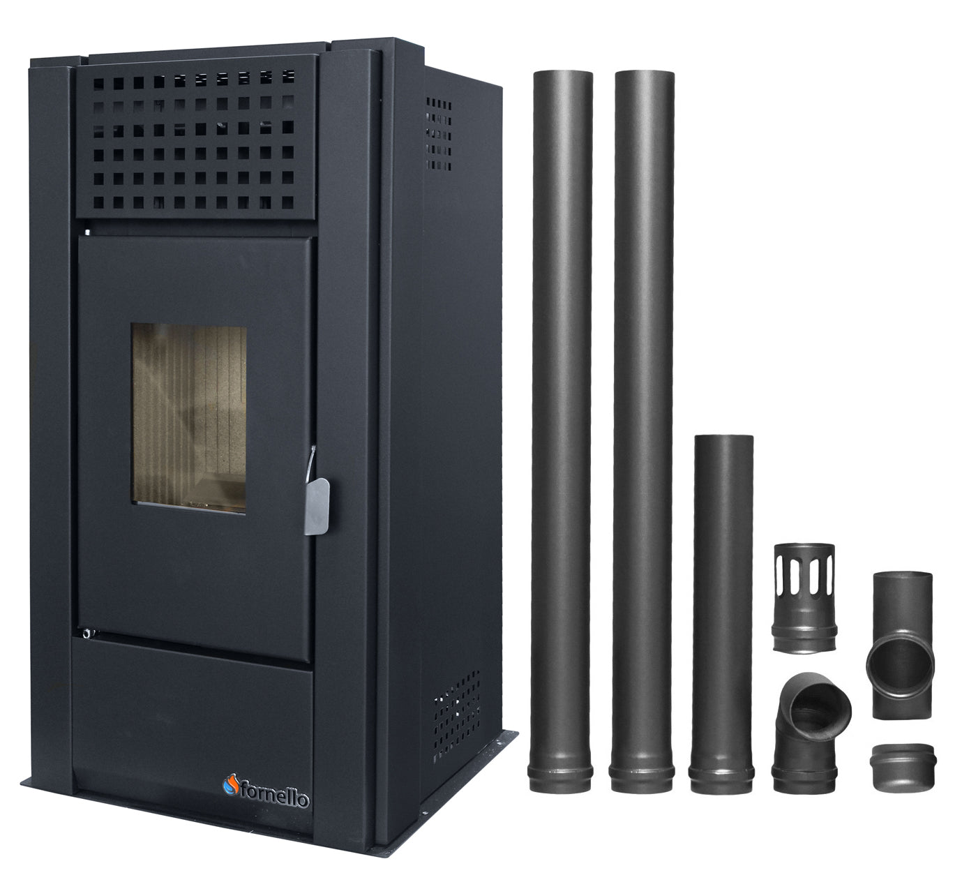 Pachet pentru incalzire Semineu (Soba) pe Peleti cu aer cald Fornello Magnesia 9 KW, culoare Black si kit evacuare 2,5 metri