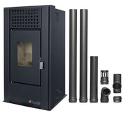 Pachet pentru incalzire Semineu (Soba) pe Peleti cu aer cald Fornello Magnesia 9 KW, culoare Black si kit evacuare 2,5 metri