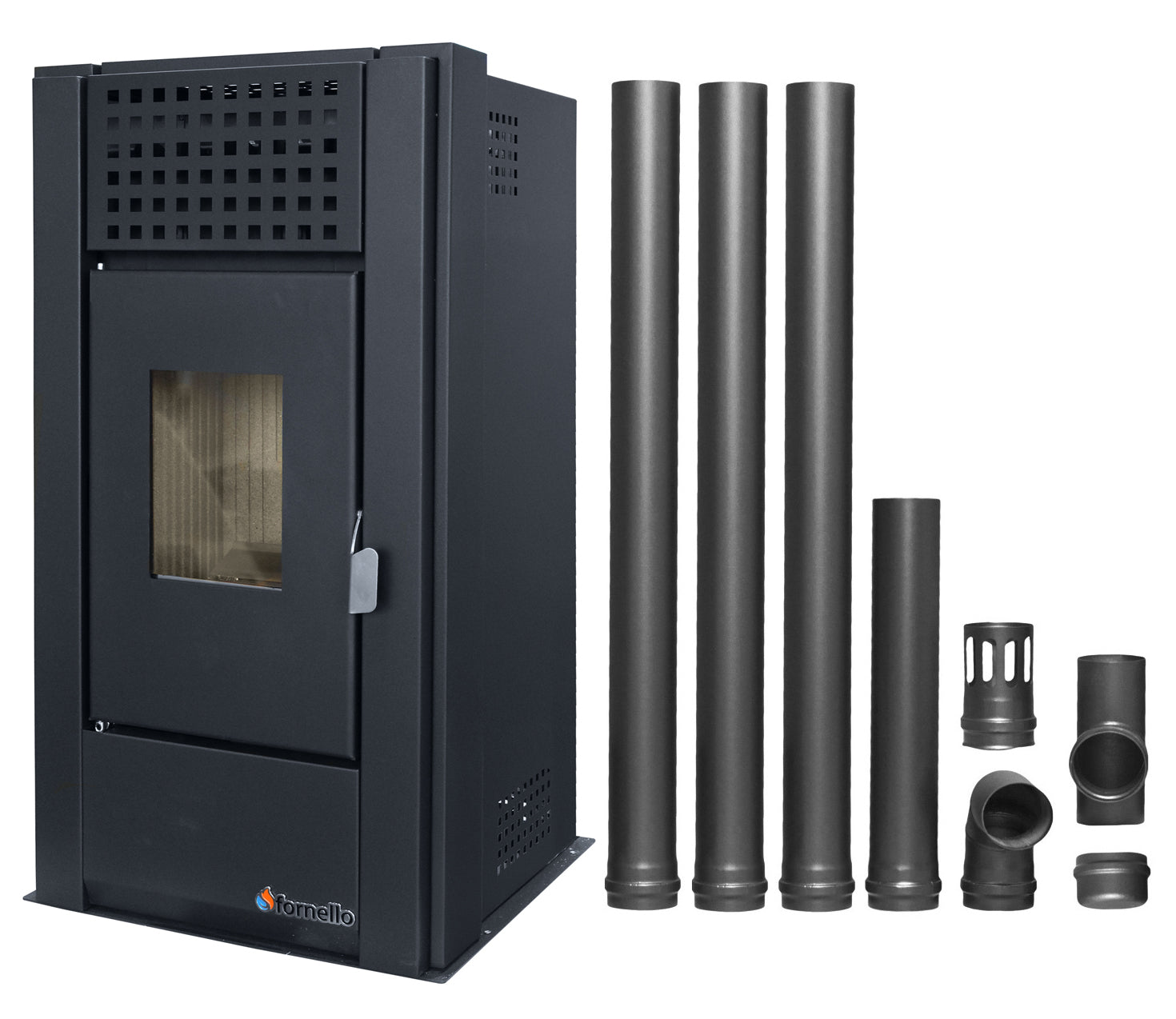 Pachet pentru incalzire Semineu (Soba) pe Peleti cu aer cald Fornello Magnesia 9 KW, culoare Black si kit evacuare 3,5 metri