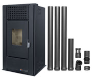 Pachet pentru incalzire Semineu (Soba) pe Peleti cu aer cald Fornello Magnesia 9 KW, culoare Black si kit evacuare 3,5 metri
