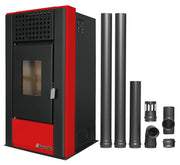 Pachet pentru incalzire Semineu (Soba) pe Peleti cu aer cald Fornello Magnesia 9 KW, culoare Bordeaux si kit evacuare 2,5 metri
