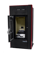 Pachet pentru incalzire Semineu (Soba) pe Peleti cu aer cald Fornello Magnesia 9 KW, culoare Bordeaux si kit evacuare 2,5 metri
