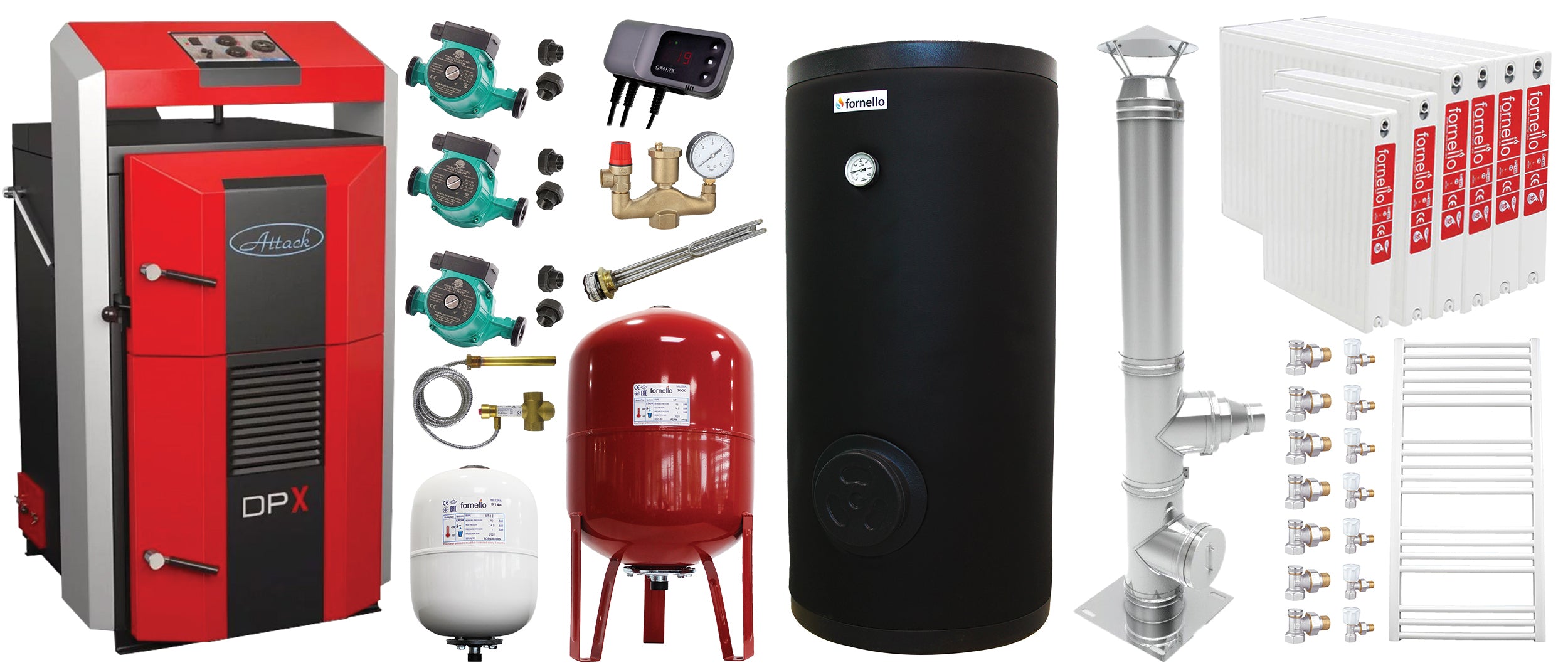 Pachet premium Cazan (centrala) pe combustibil solid, Attack DPX Standard cu gazeificare, 45 kW, calorifere otel, cos inox, boiler de sol cu rezistenta, 2 x vas expansiune, 3 x pompe circulare, controller pompa, grup siguranta si vana sts