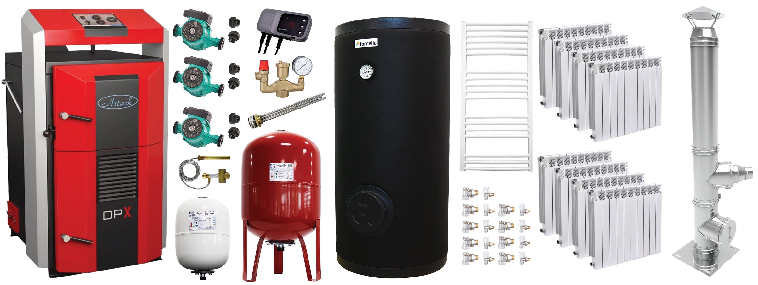 Pachet premium Cazan (centrala) pe combustibil solid, Attack DPX Standard cu gazeificare, 45 kW, calorifere aluminiu Fornello Alvo, cos inox, boiler de sol cu rezistenta, 2 x vas expansiune, 3 x pompe circulare, controller pompa, grup siguranta si va