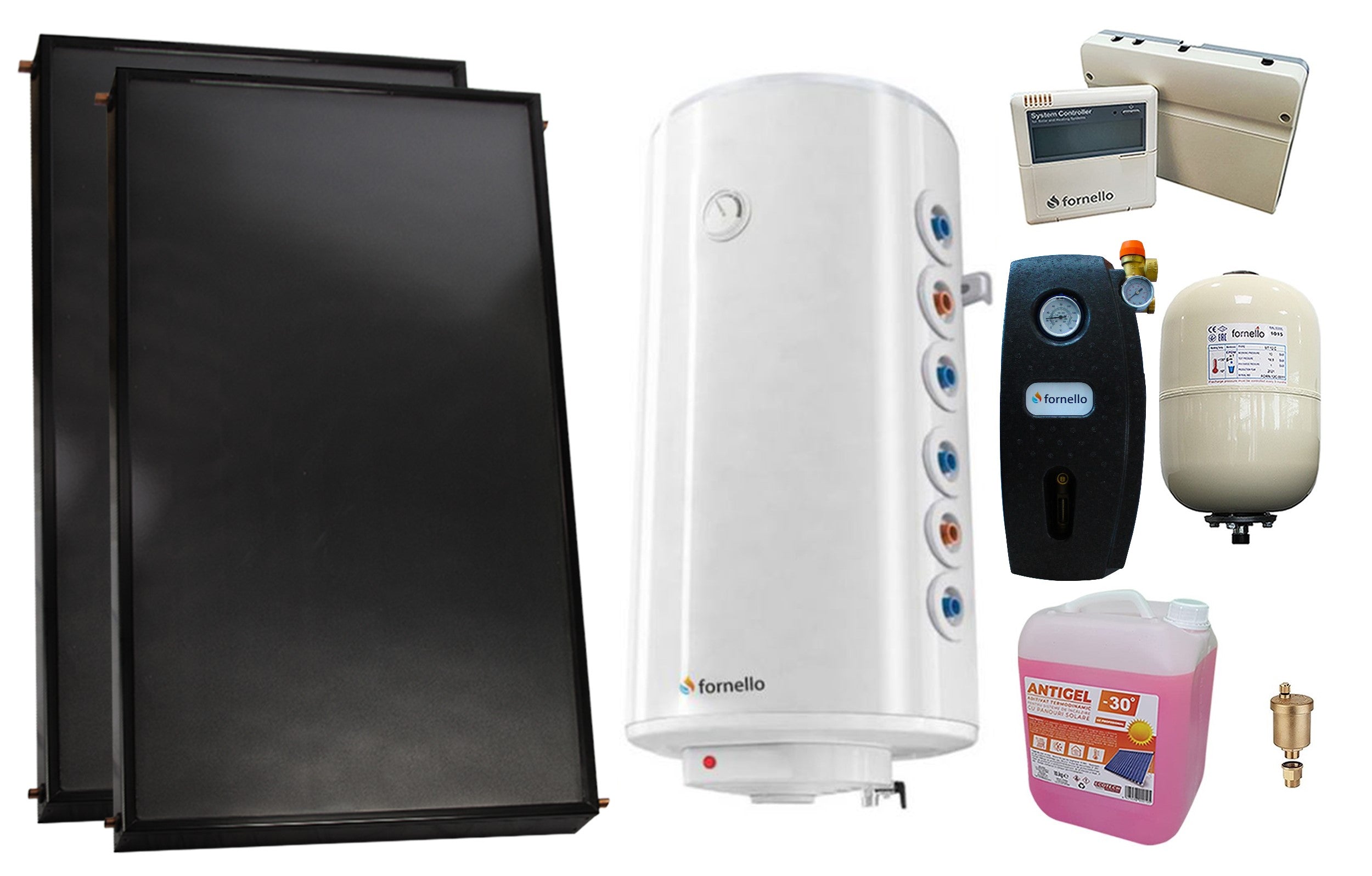 Pachet premium sistem solar presurizat, 2 x Panou solar plan Fornello 2.0 m² SPFP, Boiler cu 2 serpentine Fornello Optima GCV7/4S 150 l, grup pompare, controller, vas expansiune, antigel, aerisitor 1/2