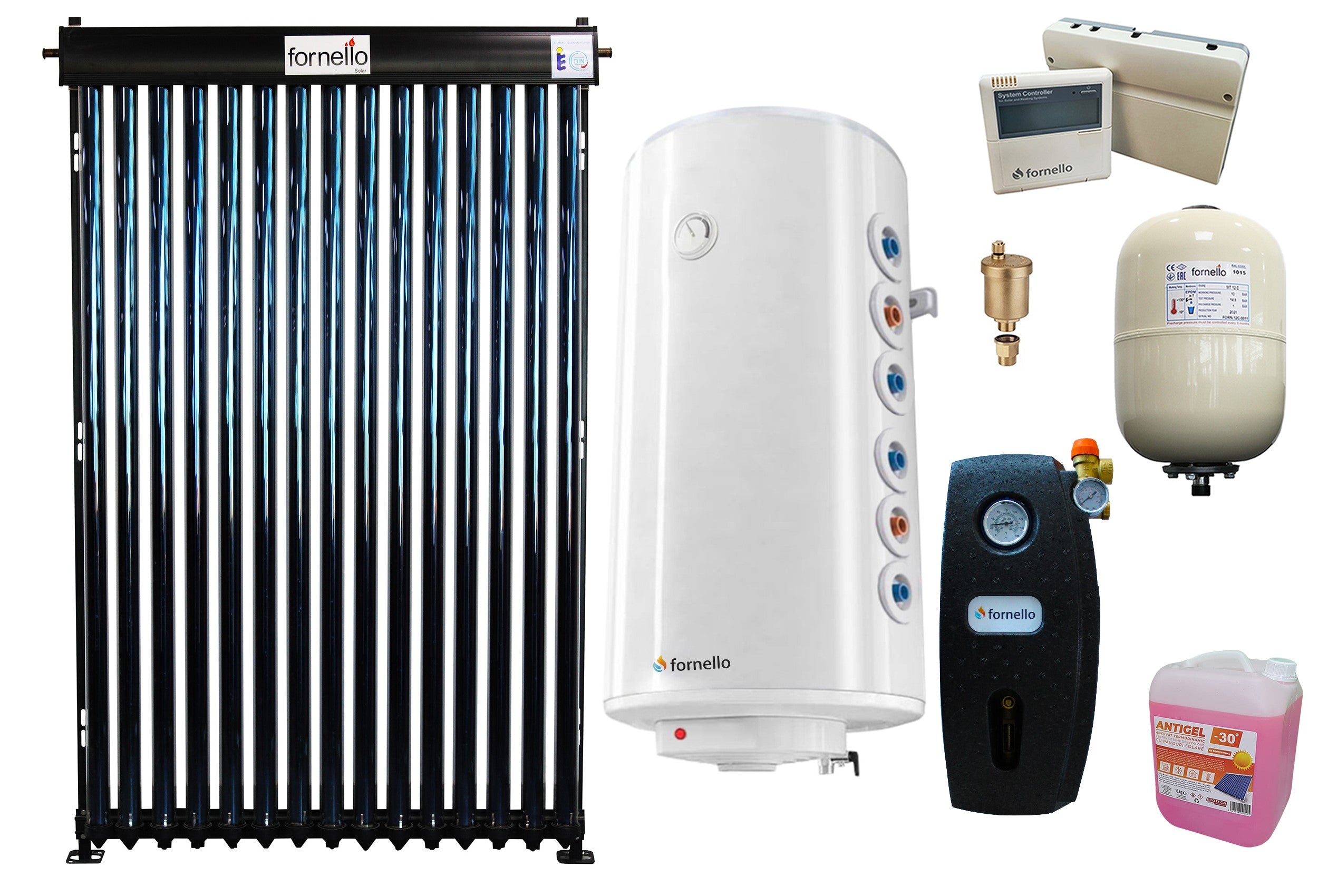 Pachet premium sistem solar presurizat, panou Fornello 15 Tuburi Heat Pipe, Boiler cu 2 serpentine Fornello Optima GCV7/4S 120, controller, vas expansiune, grup pompare, aerisitor 1/2, antigel