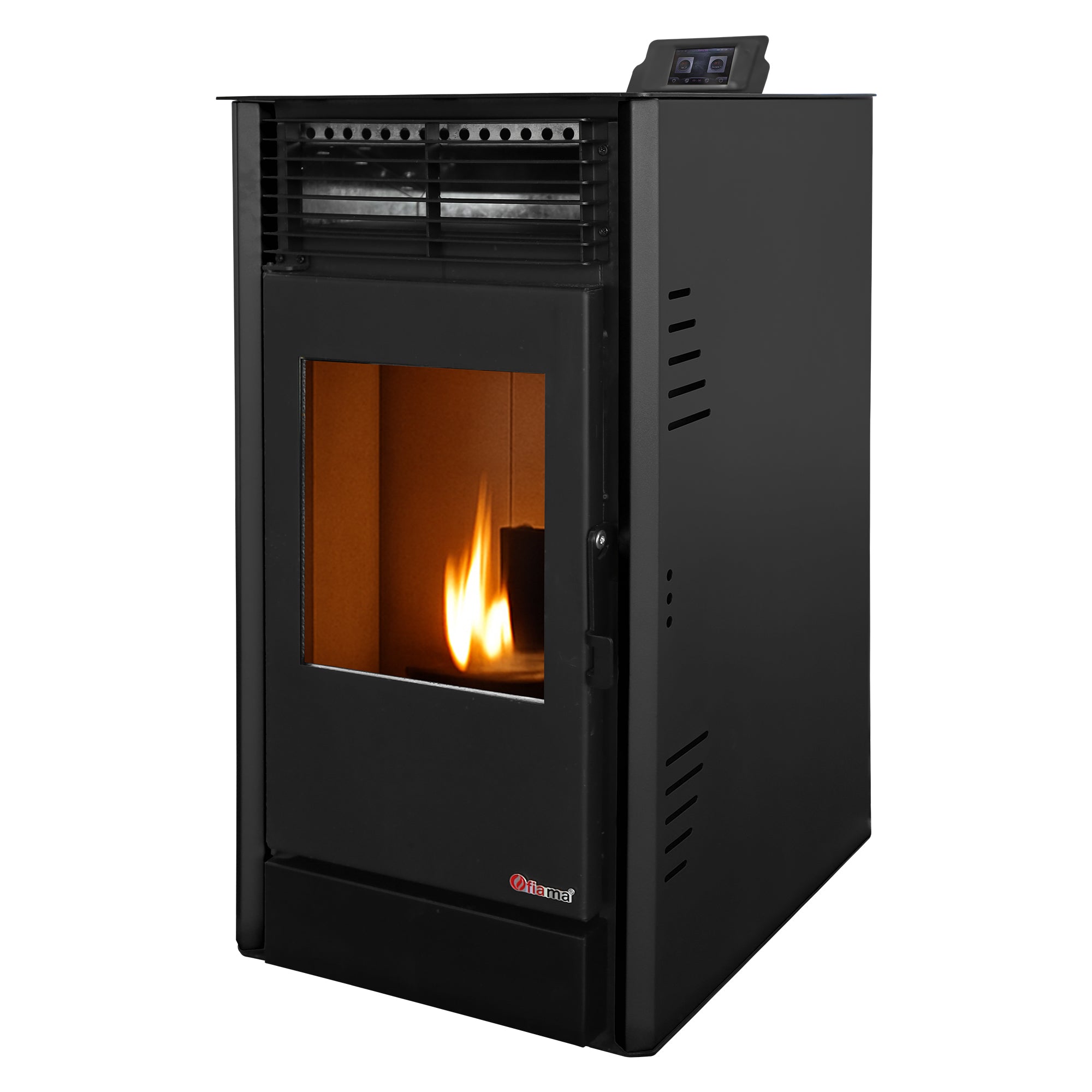 Pachet Semineu pe peleti cu aer cald Fiama Fuoco 8 kw, aprindere electrica, tiraj fortat, wifi, focar din fonta, recomandat pentru 75 mp, Black, Kit evacuare 2.5