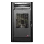 Pachet Semineu pe peleti cu aer cald Fiama Fuoco 8 kw, aprindere electrica, tiraj fortat, wifi, focar din fonta, recomandat pentru 75 mp, Black, Kit evacuare 2.5