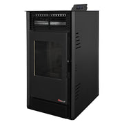 Pachet Semineu pe peleti cu aer cald Fiama Fuoco 8 kw, aprindere electrica, tiraj fortat, wifi, focar din fonta, recomandat pentru 75 mp, Black, Kit evacuare 3.5 ml si Aspirator cenusa