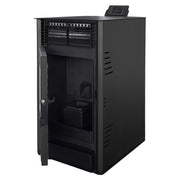 Pachet Semineu pe peleti cu aer cald Fiama Fuoco 8 kw, aprindere electrica, tiraj fortat, wifi, focar din fonta, recomandat pentru 75 mp, Black, Kit evacuare 3.5 ml si Aspirator cenusa