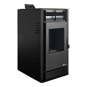 Pachet Semineu pe peleti cu aer cald Fiama Fuoco 8 kw, aprindere electrica, tiraj fortat, wifi, focar din fonta, recomandat pentru 75 mp, Black, Kit evacuare 3.5 ml si Aspirator cenusa