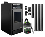 Pachet Semineu pe peleti cu aer cald Fiama Fuoco 8 kw, aprindere electrica, tiraj fortat, wifi, focar din fonta, recomandat pentru 75 mp, Black, Kit evacuare 3.5 ml si Aspirator cenusa