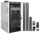 Pachet Semineu pe peleti cu aer cald Fiama Fuoco 8 kw, aprindere electrica, tiraj fortat, wifi, focar din fonta, recomandat pentru 75 mp, Alb, Kit evacuare 2.5