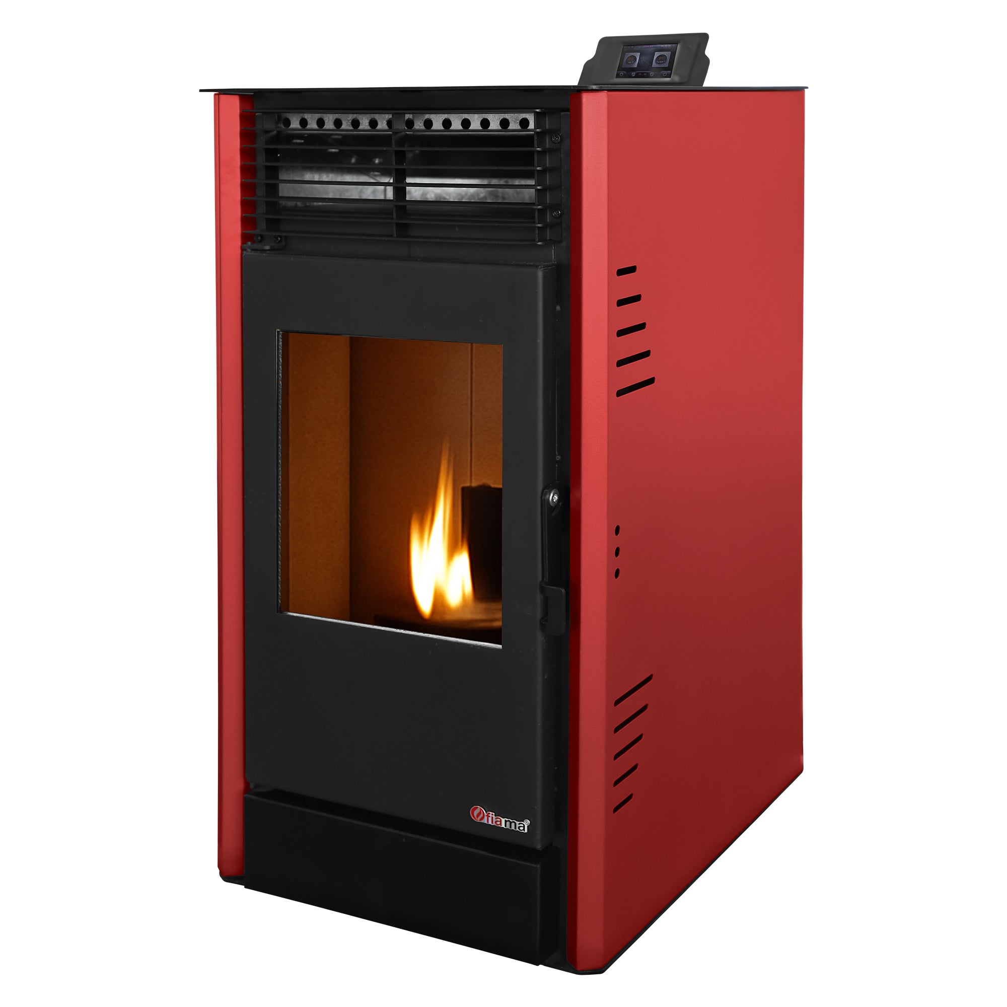Pachet Semineu pe peleti cu aer cald Fiama Fuoco 8 kw, aprindere electrica, tiraj fortat, wifi, focar din fonta, recomandat pentru 75 mp, Bordeaux,Kit evacuare 2.5