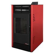 Pachet Semineu pe peleti cu aer cald Fiama Fuoco 8 kw, aprindere electrica, tiraj fortat, wifi, focar din fonta, recomandat pentru 75 mp, Bordeaux, Kit evacuare 3.5 ml si Aspirator cenusa