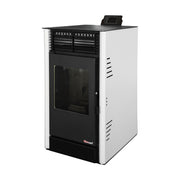 Pachet Semineu pe peleti cu aer cald Fiama Fuoco 8 kw, aprindere electrica, tiraj fortat, wifi, focar din fonta, recomandat pentru 75 mp, Alb, Kit evacuare 3.5 ml si Aspirator cenusa