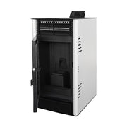 Pachet Semineu pe peleti cu aer cald Fiama Fuoco 8 kw, aprindere electrica, tiraj fortat, wifi, focar din fonta, recomandat pentru 75 mp, Alb, Kit evacuare 3.5 ml si Aspirator cenusa