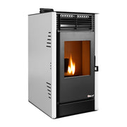 Pachet Semineu pe peleti cu aer cald Fiama Fuoco 8 kw, aprindere electrica, tiraj fortat, wifi, focar din fonta, recomandat pentru 75 mp, Alb, Kit evacuare 3.5 ml si Aspirator cenusa