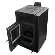 Pachet Semineu pe peleti cu aer cald Fiama Maxima 14 kw, aprindere electrica, tiraj fortat, wifi, focar din fonta, recomandat pentru 140 mp, Black, Kit evacuare 2.5 ml