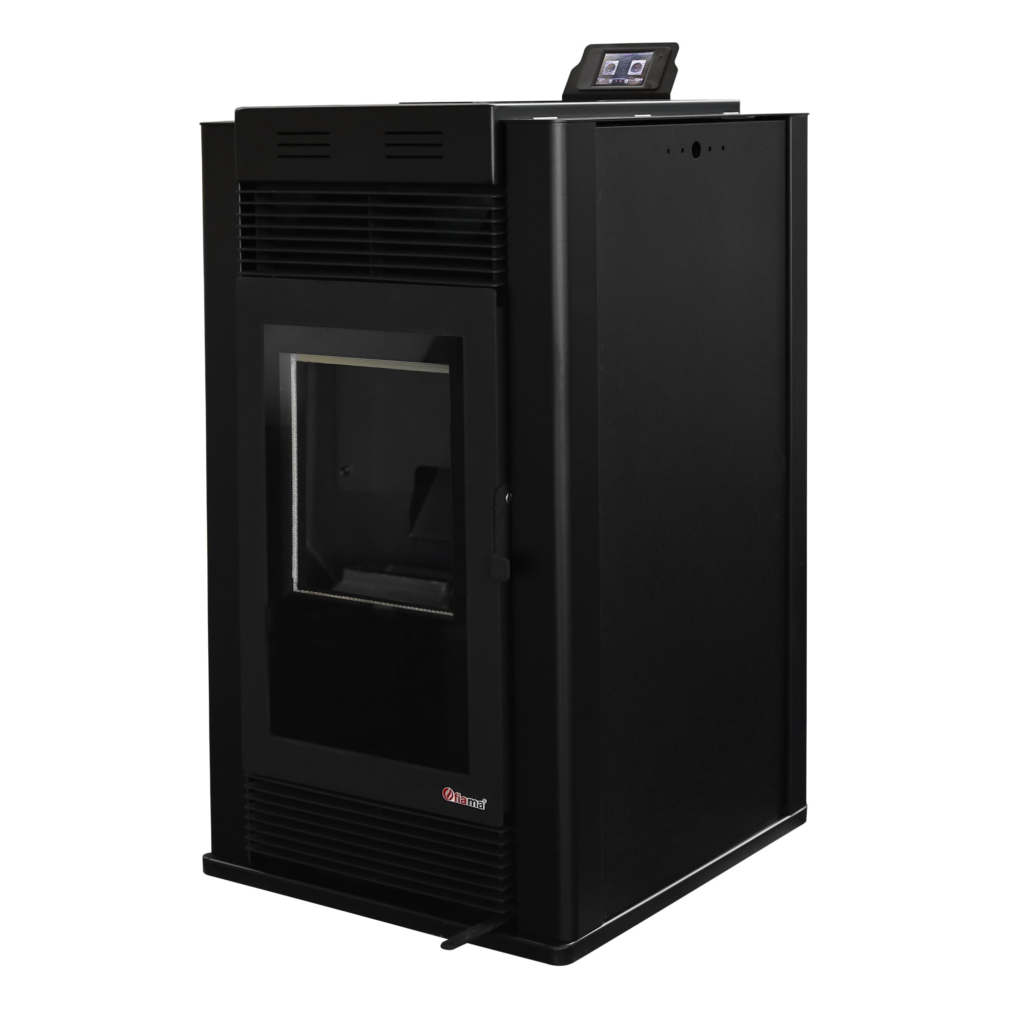 Pachet Semineu pe peleti cu aer cald Fiama Maxima 14 kw, aprindere electrica, tiraj fortat, wifi, focar din fonta, recomandat pentru 140 mp, Black, Kit evacuare 2.5 ml