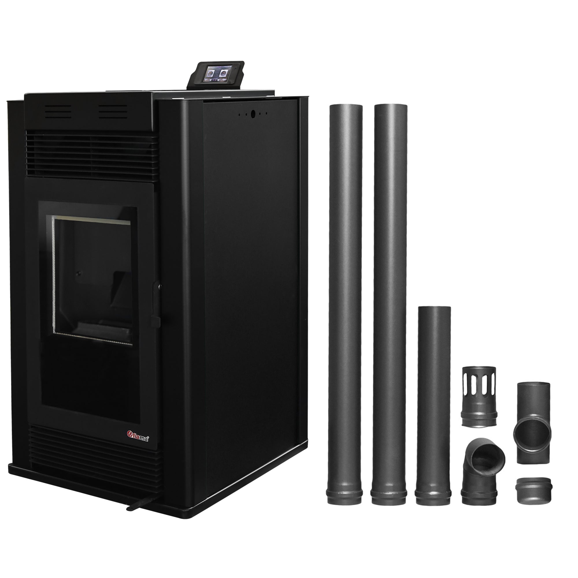 Pachet Semineu pe peleti cu aer cald Fiama Maxima 14 kw, aprindere electrica, tiraj fortat, wifi, focar din fonta, recomandat pentru 140 mp, Black, Kit evacuare 2.5 ml