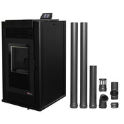 Pachet Semineu pe peleti cu aer cald Fiama Maxima 14 kw, aprindere electrica, tiraj fortat, wifi, focar din fonta, recomandat pentru 140 mp, Black, Kit evacuare 2.5 ml