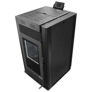 Pachet Semineu pe peleti cu aer cald Fiama Maxima 14 kw, aprindere electrica, tiraj fortat, wifi, focar din fonta, recomandat pentru 140 mp, Black, Kit evacuare 2.5 ml