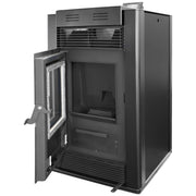 Pachet Semineu pe peleti cu aer cald Fiama Maxima 14 kw, aprindere electrica, tiraj fortat, wifi, focar din fonta, recomandat pentru 140 mp, Black, Kit evacuare 3.5 ml si Aspirator cenusa