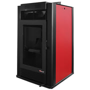 Pachet Semineu pe peleti cu aer cald Fiama Maxima 14 kw, aprindere electrica, tiraj fortat, wifi, focar din fonta, recomandat pentru 140 mp, Bordeaux, Kit evacuare 3.5 ml si Aspirator cenusa