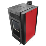 Pachet Semineu pe peleti cu aer cald Fiama Maxima 14 kw, aprindere electrica, tiraj fortat, wifi, focar din fonta, recomandat pentru 140 mp, Bordeaux, Kit evacuare 3.5 ml si Aspirator cenusa