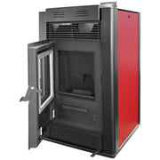 Pachet Semineu pe peleti cu aer cald Fiama Maxima 14 kw, aprindere electrica, tiraj fortat, wifi, focar din fonta, recomandat pentru 140 mp, Bordeaux, Kit evacuare 3.5 ml si Aspirator cenusa