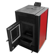 Pachet Semineu pe peleti cu aer cald Fiama Maxima 14 kw, aprindere electrica, tiraj fortat, wifi, focar din fonta, recomandat pentru 140 mp, Bordeaux, Kit evacuare 3.5 ml si Aspirator cenusa