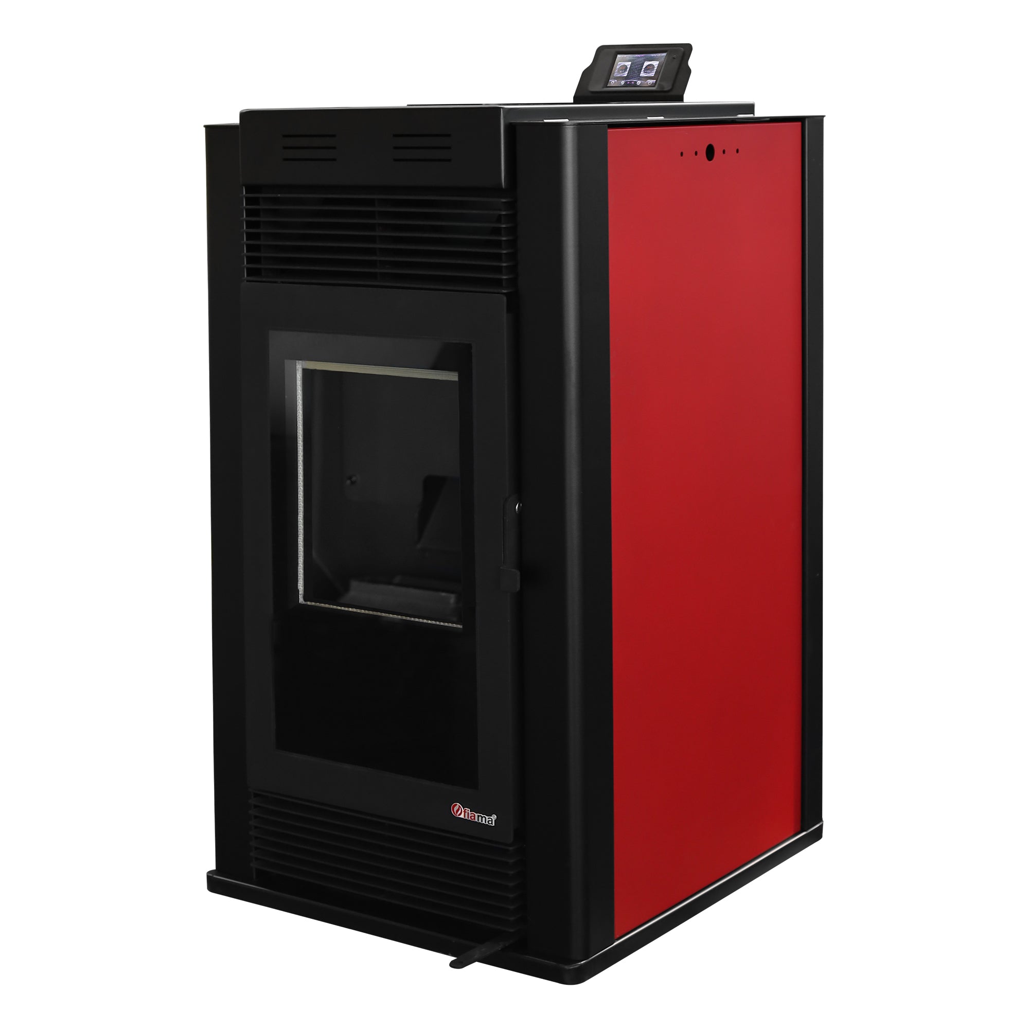 Pachet Semineu pe peleti cu aer cald Fiama Maxima 14 kw, aprindere electrica, tiraj fortat, wifi, focar din fonta, recomandat pentru 140 mp, Bordeaux, Kit evacuare 3.5 ml si Aspirator cenusa