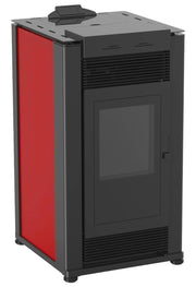 Pachet Semineu pe peleti cu aer cald Fiama Maxima 14 kw, aprindere electrica, tiraj fortat, wifi, focar din fonta, recomandat pentru 140 mp, Bordeaux, Kit evacuare 3.5 ml si Aspirator cenusa