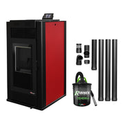 Pachet Semineu pe peleti cu aer cald Fiama Maxima 14 kw, aprindere electrica, tiraj fortat, wifi, focar din fonta, recomandat pentru 140 mp, Bordeaux, Kit evacuare 3.5 ml si Aspirator cenusa