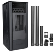 Pachet Semineu soba pe peleti cu aer cald, Fornello Sophia Premium 11 kw, aprindere electrica, tiraj fortat, telecomanda, culoare Black, recomandat pentru 110 mp, focar din fonta, capacitate buncar 22 kg, Kit evacuare 2.5 ml