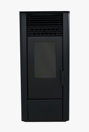 Pachet Semineu soba pe peleti cu aer cald, Fornello Sophia Premium 11 kw, aprindere electrica, tiraj fortat, telecomanda, culoare Black, recomandat pentru 110 mp, focar din fonta, capacitate buncar 22 kg, Kit evacuare 2.5 ml