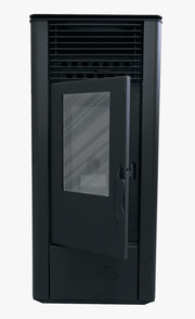 Pachet Semineu soba pe peleti cu aer cald, Fornello Sophia Premium 11 kw, aprindere electrica, tiraj fortat, telecomanda, culoare Black, recomandat pentru 110 mp, focar din fonta, capacitate buncar 22 kg, Kit evacuare 2.5 ml