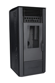 Pachet Semineu soba pe peleti cu aer cald, Fornello Sophia Premium 11 kw, aprindere electrica, tiraj fortat, telecomanda, culoare Black, recomandat pentru 110 mp, focar din fonta, capacitate buncar 22 kg, Kit evacuare 3.5 ml si Aspirator Cenusa