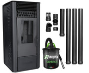 Pachet Semineu soba pe peleti cu aer cald, Fornello Sophia Premium 11 kw, aprindere electrica, tiraj fortat, telecomanda, culoare Black, recomandat pentru 110 mp, focar din fonta, capacitate buncar 22 kg, Kit evacuare 3.5 ml si Aspirator Cenusa