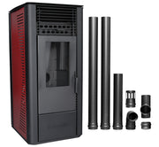 Pachet Semineu soba pe peleti cu tiraj fortat Fornello Sophia Premium 11 kw, aprindere electrica, telecomanda, culoare Bordeaux, recomandat pentru 110 mp, focar din fonta, capacitate buncar 22 kg, Kit Evacuare 2.5 ml