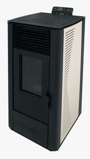 Pachet Semineu soba pe peleti cu tiraj fortat Fornello Sophia Premium 11 kw, aprindere electrica, telecomanda, culoare Ivory, recomandat pentru 110 mp, focar din fonta, capacitate buncar 22 kg, Kit Evacuare 2.5 ml