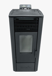 Pachet Semineu soba pe peleti cu tiraj fortat Fornello Sophia Premium 11 kw, aprindere electrica, telecomanda, culoare Bordeaux, recomandat pentru 110 mp, focar din fonta, capacitate buncar 22 kg, Kit Evacuare 3.5 ml si Aspirator cenusa