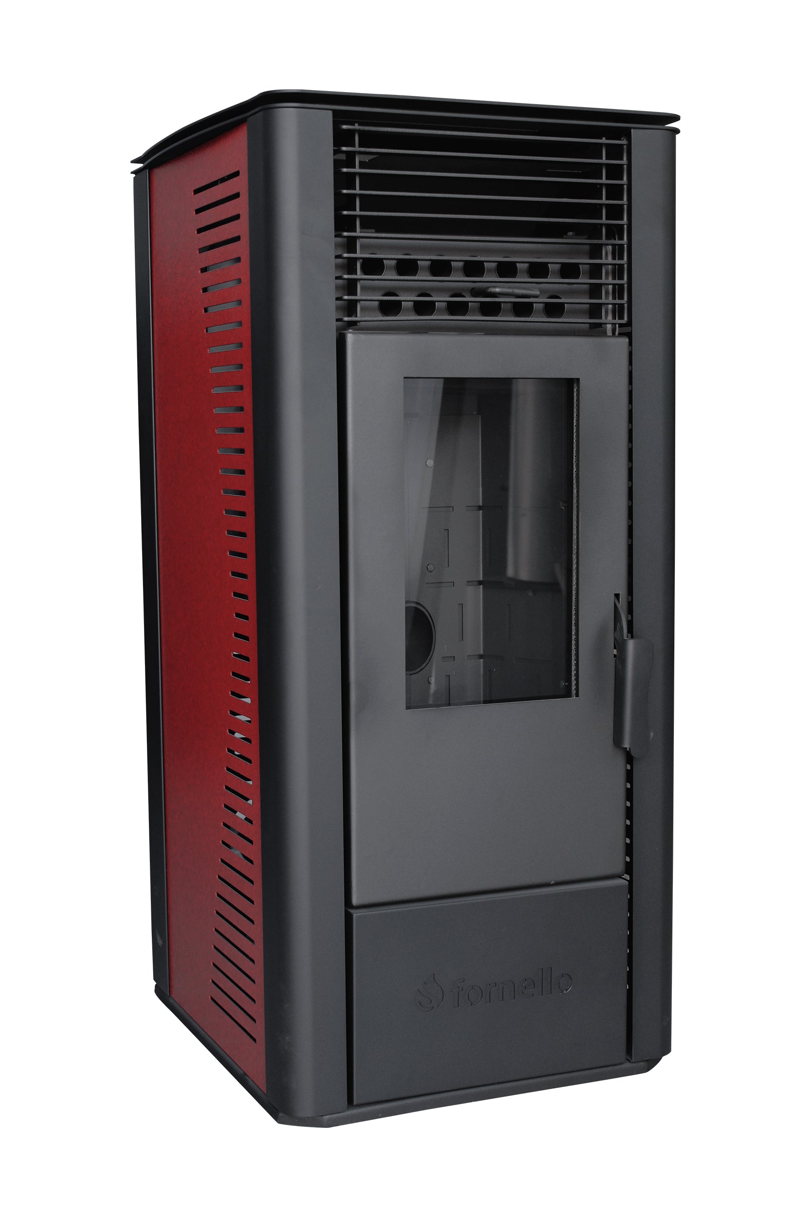Pachet Semineu soba pe peleti cu tiraj fortat Fornello Sophia Premium 11 kw, aprindere electrica, telecomanda, culoare Bordeaux, recomandat pentru 110 mp, focar din fonta, capacitate buncar 22 kg, Kit Evacuare 3.5 ml si Aspirator cenusa