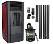 Pachet Semineu soba pe peleti cu tiraj fortat Fornello Sophia Premium 11 kw, aprindere electrica, telecomanda, culoare Bordeaux, recomandat pentru 110 mp, focar din fonta, capacitate buncar 22 kg, Kit Evacuare 3.5 ml si Aspirator cenusa