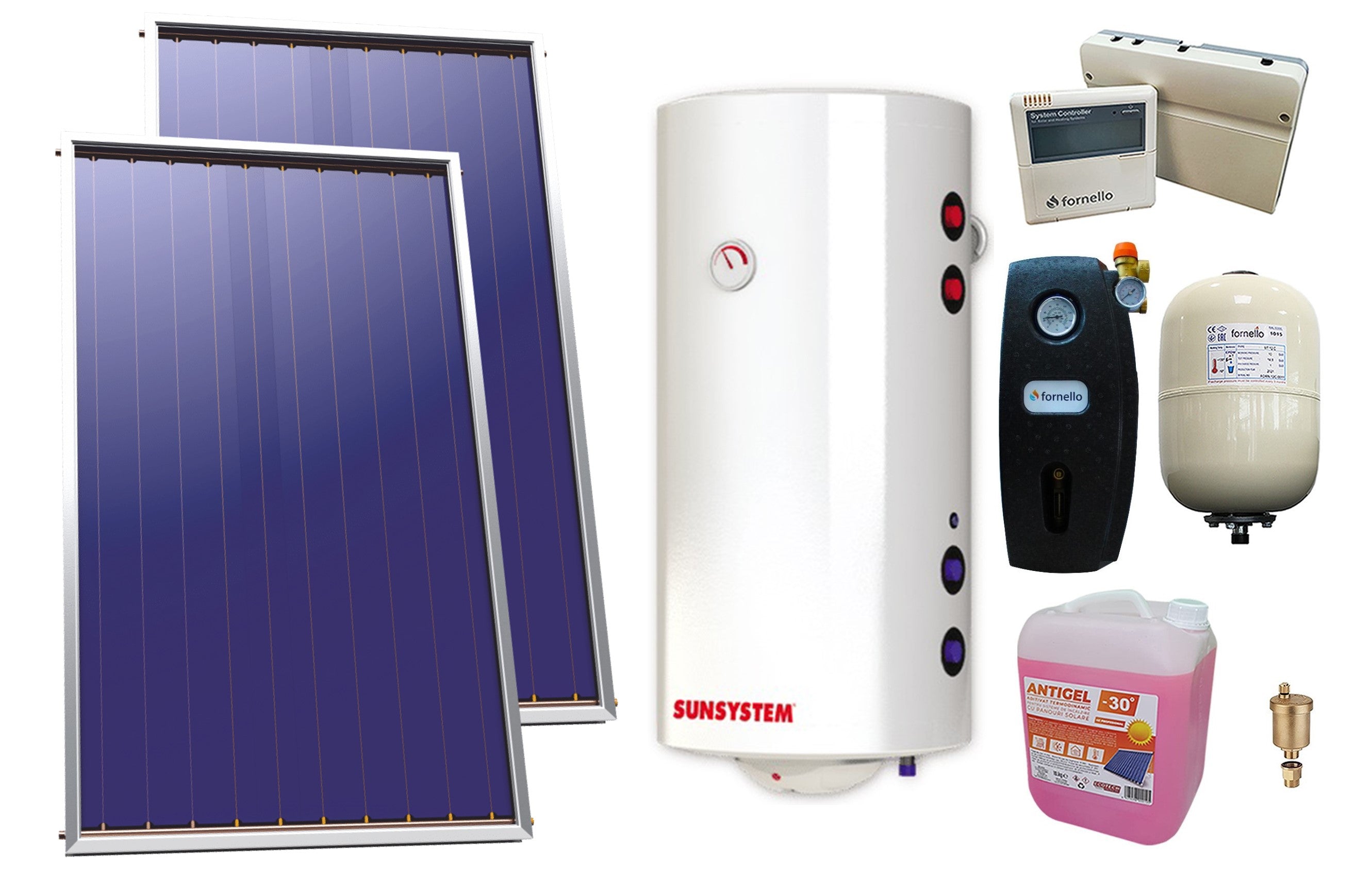 Pachet sistem solar presurizat, 2 x Panou Plan Select PK SL CL NL 2.15 m², Boiler Sunsystem BB NL2 200 PRL 3KW 2 serpentine, grup pompare, controller, vas expansiune, antigel, aerisitor 1/2