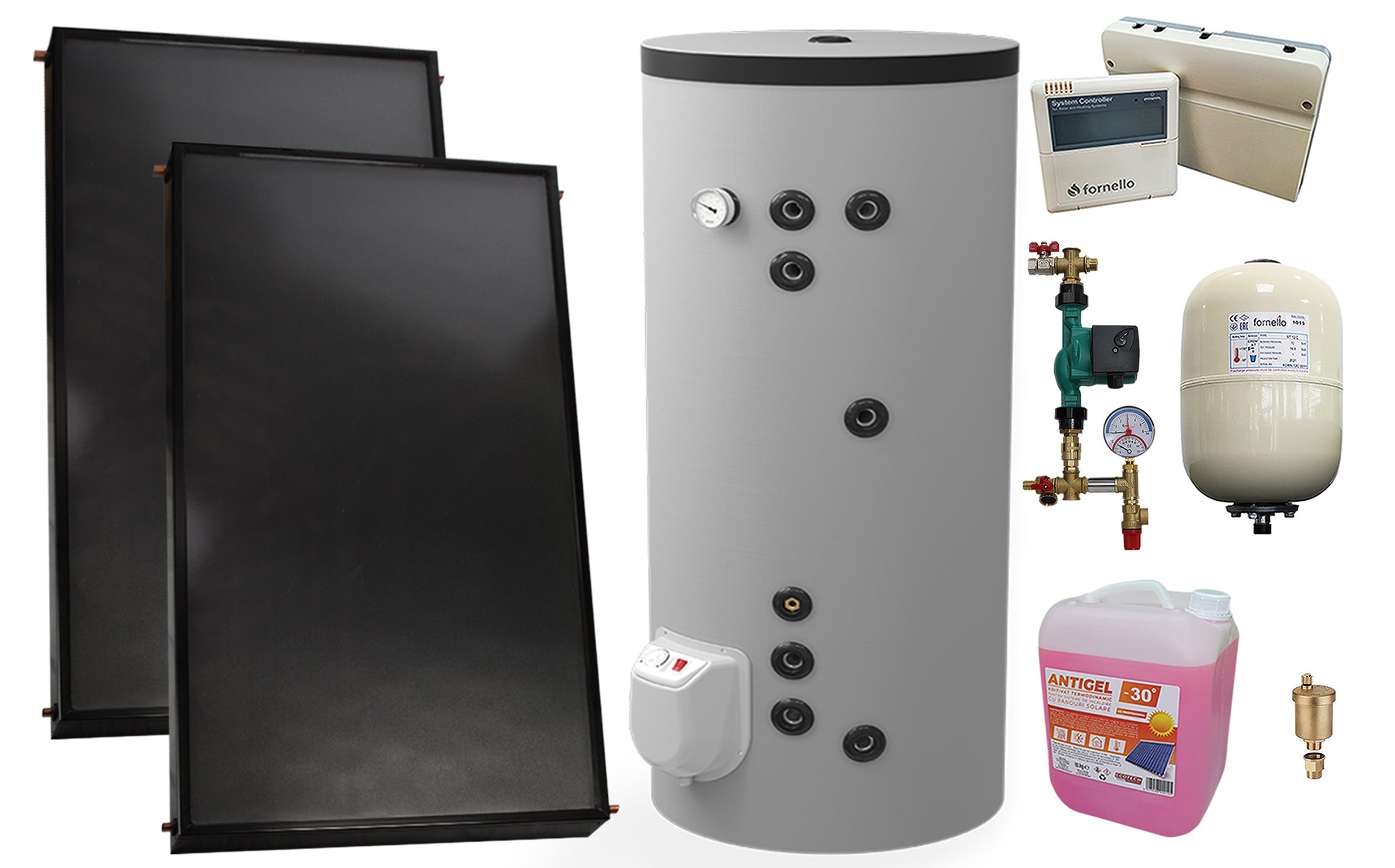 Pachet sistem solar presurizat, 2 x Panou solar plan Fornello 2.0 m² SPFP, Boiler cu 2 serpentine si rezistenta electrica Eldom FV20060S21 de 200 l, grup pompare, controller, vas expansiune, antigel, aerisitor 1/2